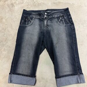 D&B DEP BLUE Women Size 14 Denim Capri Shorts Rhinestone‎ Embellished Cuffed